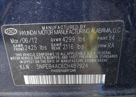 2012 Hyundai Sonata Gls z USA, uszkodzony, nr VIN 5NPEB4AC6CH487924